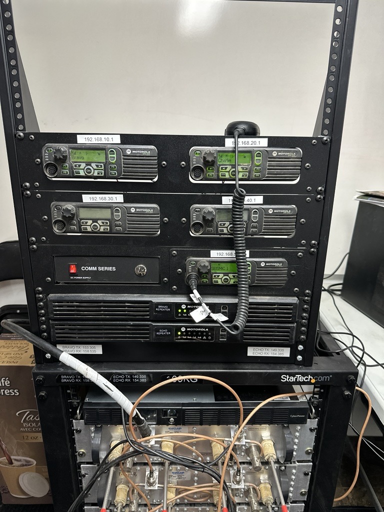 Motorola radio repeater stack powering the on-site network